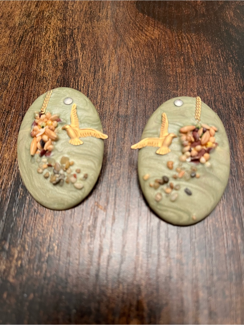 Eclectic Handmade Vintage Earrings Gilt Gold Birds & Chains Painted Enamel